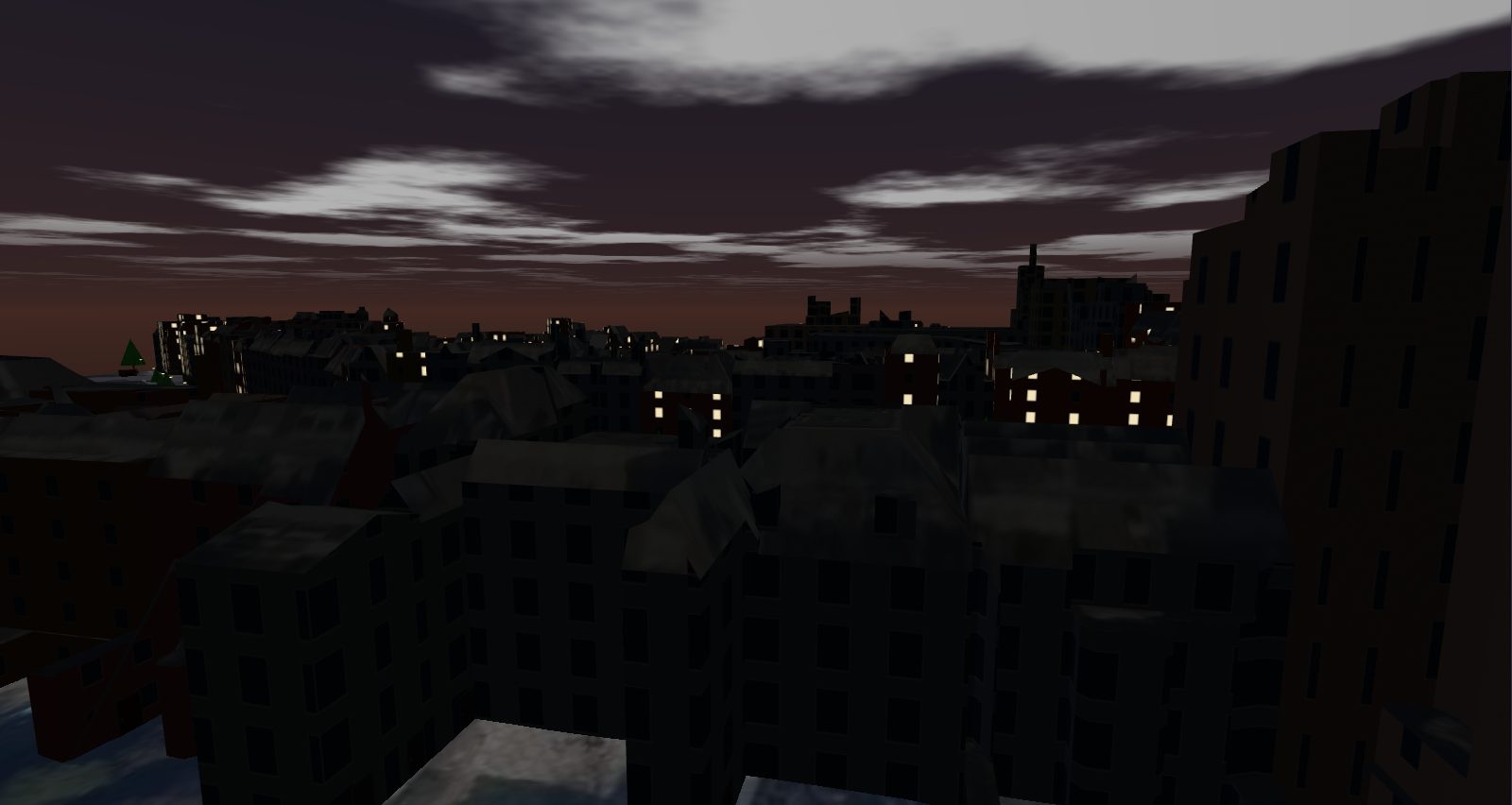 Dezelfde daken om 22:00 uur: donkere lucht en verlichte ramen.