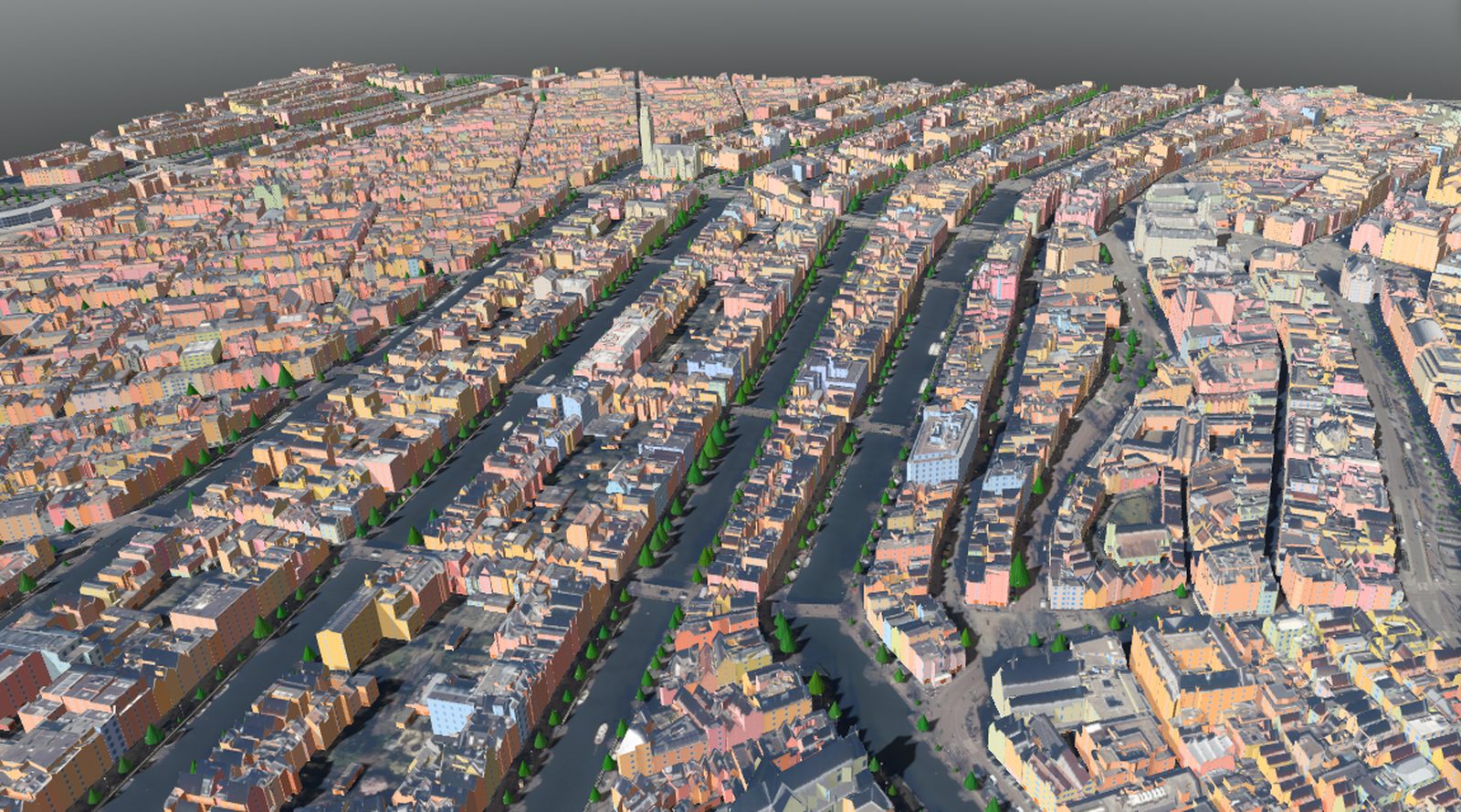 3D-weergave van de Amsterdamse grachtengordel rond de Herengracht, gerenderd uit open data: gebouwen, bomen, bruggen en luchtfoto.