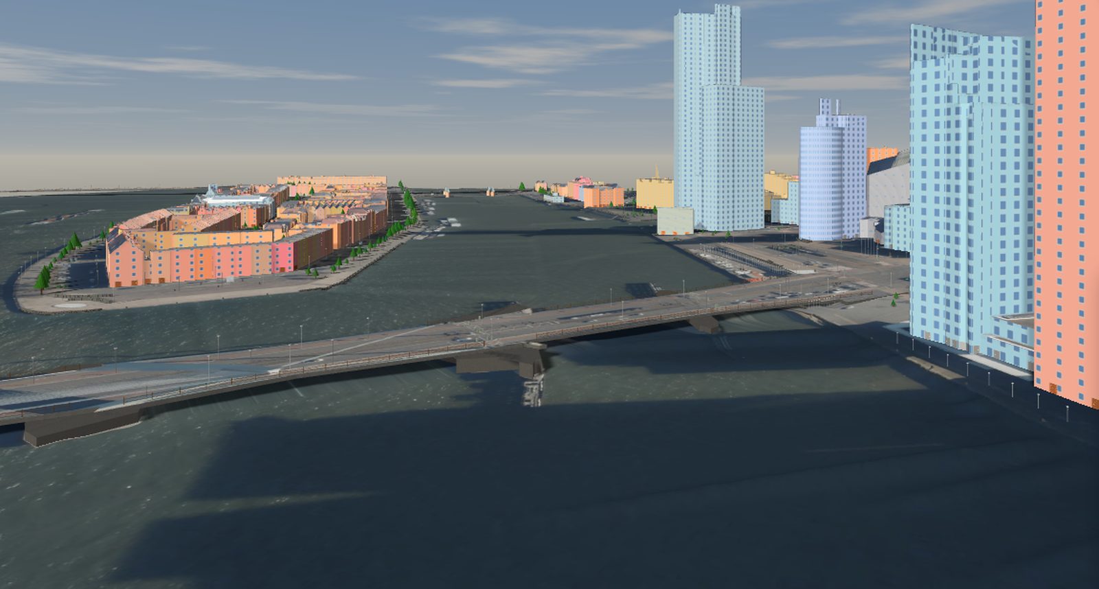 Kop van Zuid in Rotterdam vanuit de lucht: de Erasmusbrug over de Maas, hoogbouw en de woonblokken op het Noordereiland.